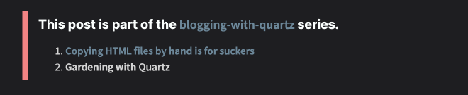 Screenshot of text on a website describing an article and its membership in a series called 'blogging-with-qurtz'