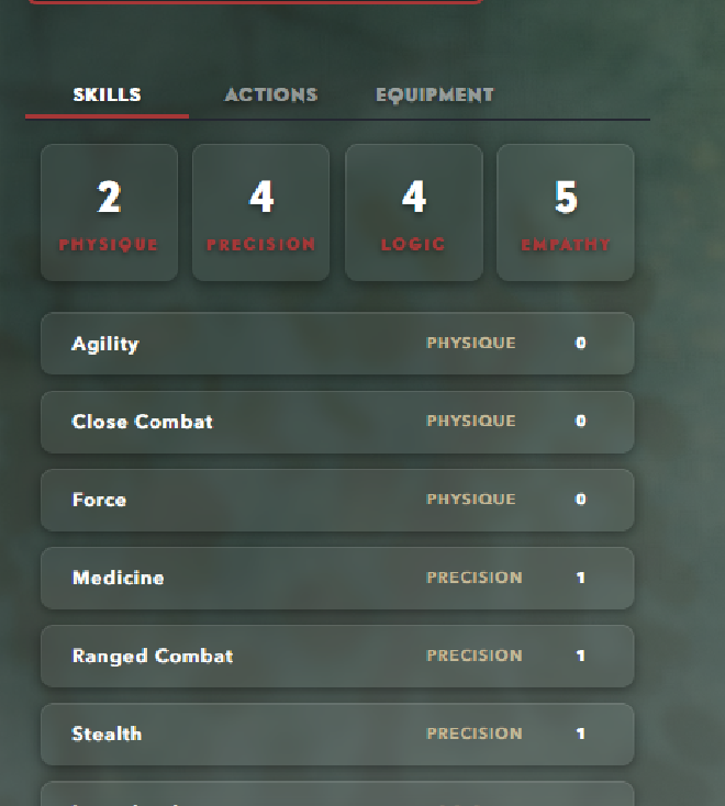 Alchemy's Vaesen character sheet skills listing. Visible are 4 Attributes (Physique, Precision, Logic, and Empathy) and 6 skills (Agility, Close Combat, Force, Medicine, Ranged Combat, and Stealth).