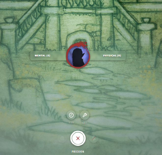 Three buttons are displayed, two are semi-transparent and barely legible against the background image: 'TEST' and 'EDIT'. The third is a white circle with a red X through the center.
